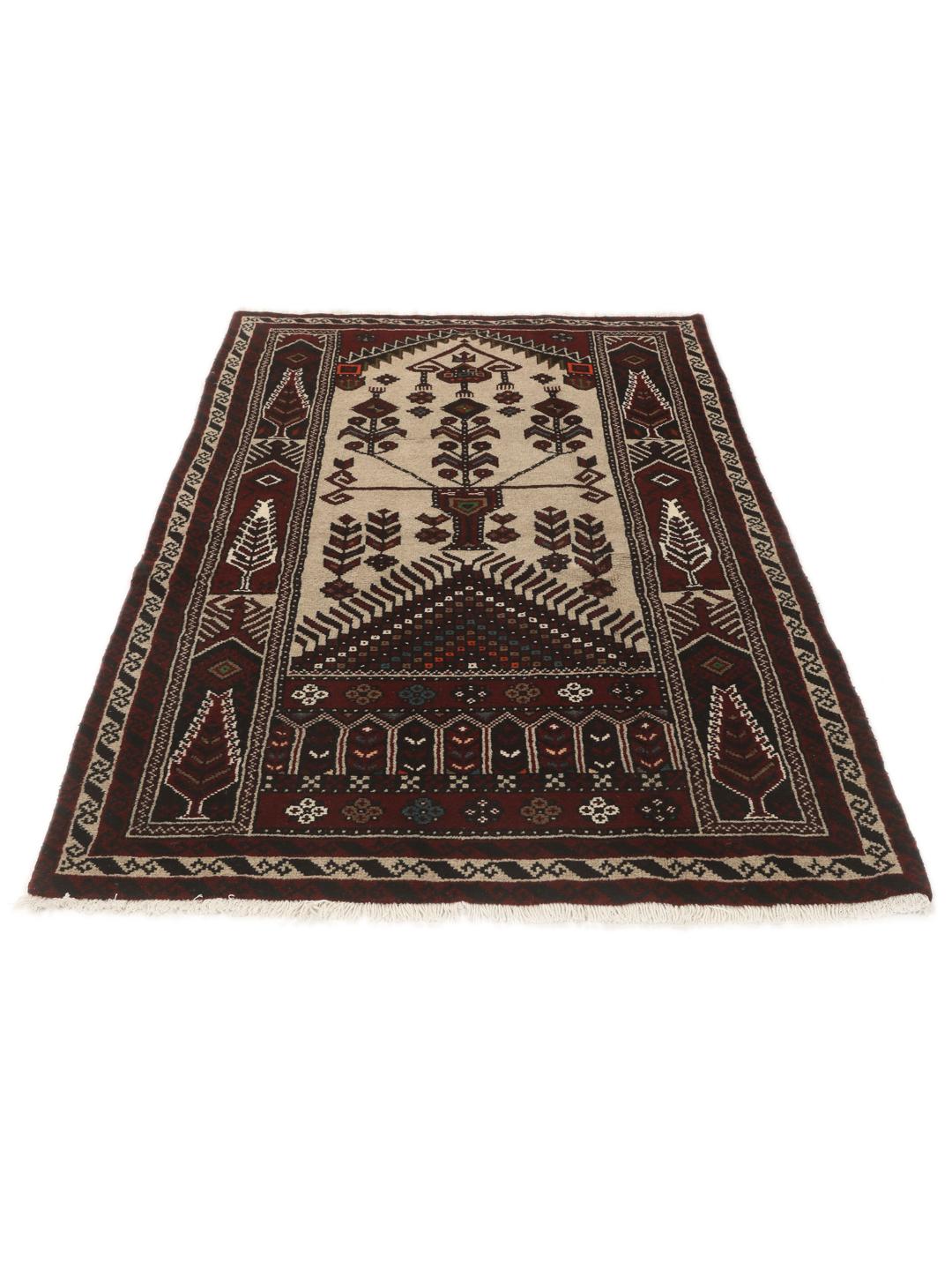 Et håndknyttet Baluch-tæppe fra Mellemøsten med et mørkerødt og beige tribal-design