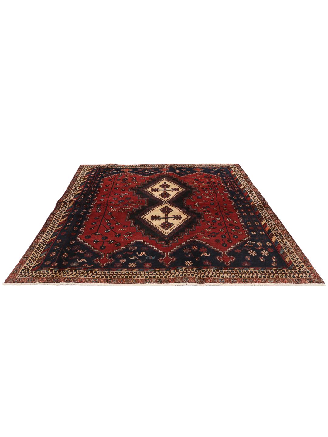 Hand-knotted Afshar rug from the Middle East in deep red and blue tones