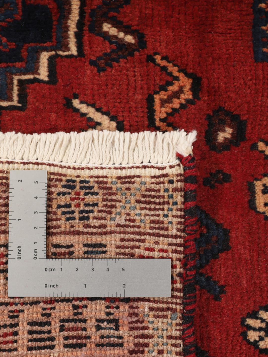 Hand-knotted Afshar rug from the Middle East in deep red and blue tones