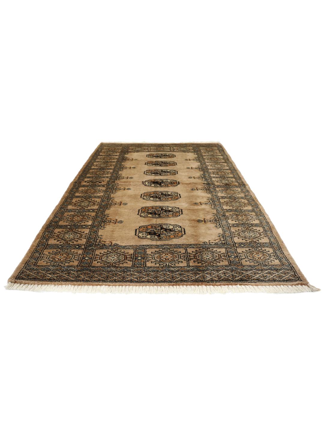 Hand-knotted Pakistan Bokhara rug with beige background and medallion patterns