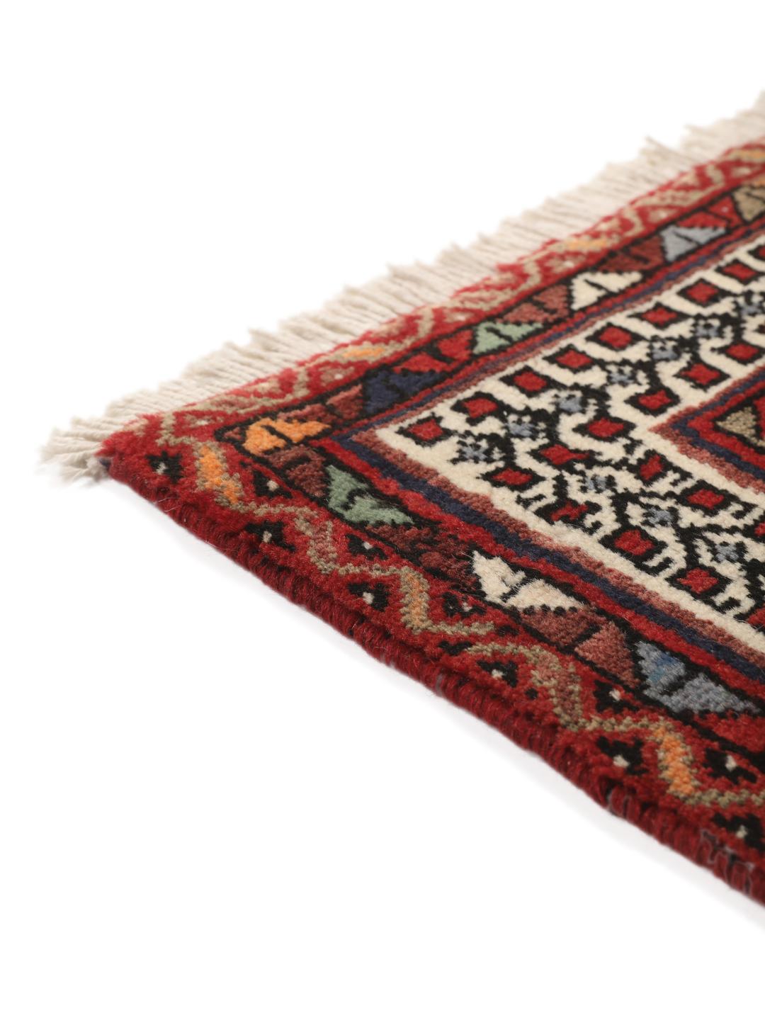 Hand-knotted Afshar rug from the Middle East featuring a red and blue field with tribal animal motifs.