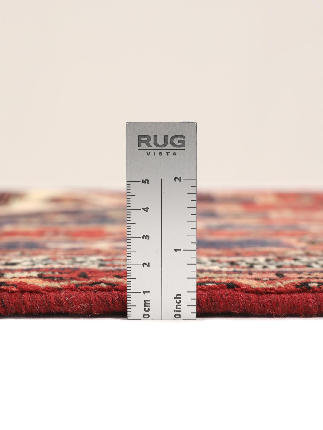 Hand-knotted Afshar rug from the Middle East featuring a red and blue field with tribal animal motifs.