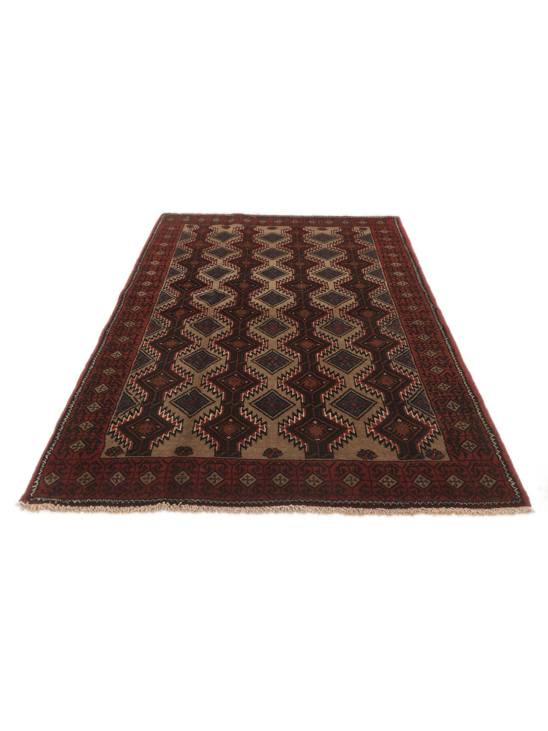 Hand-knotted Beluch rug from the Middle East in dark-red and beige