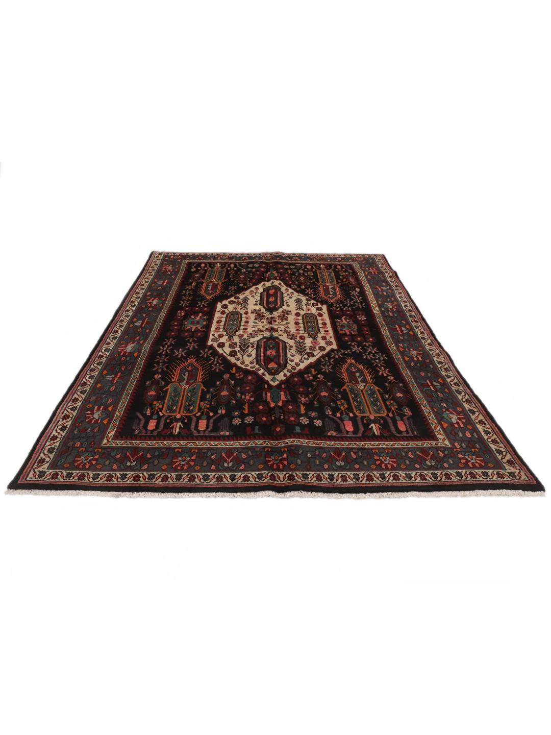 Hand-knotted Afshar rug from the Middle East featuring a dark-red and cream geometric design