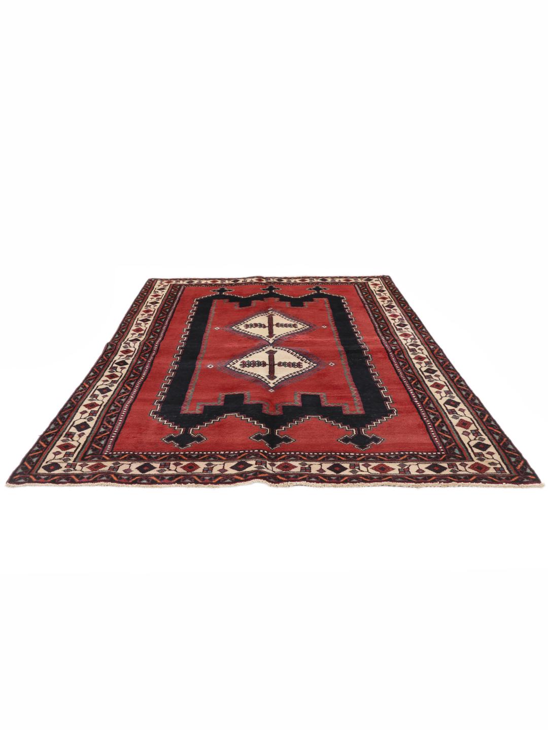 Hand-knotted Afshar rug from the Middle East in red with geometric patterns