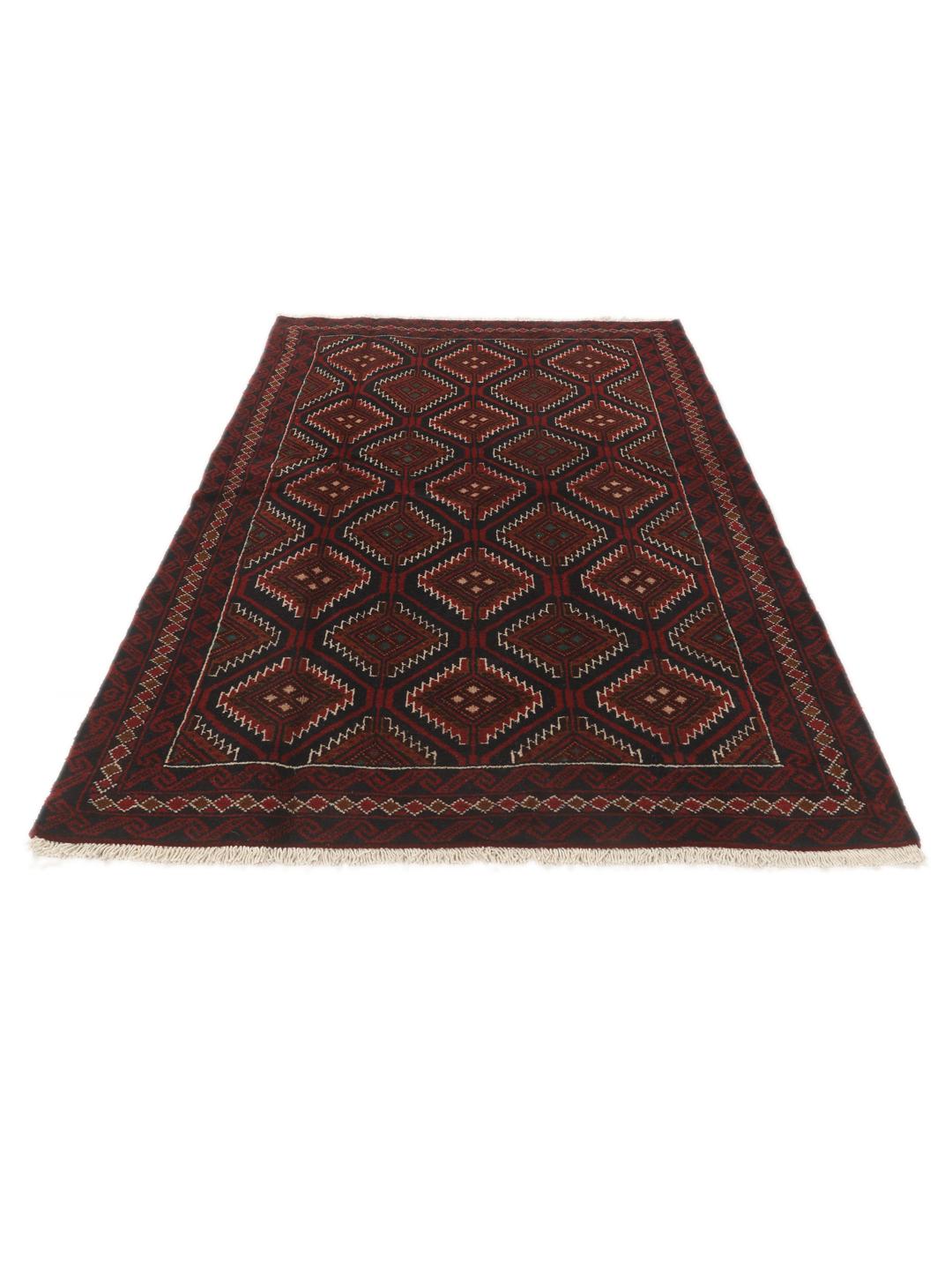 Handgeknoopt Beluch-tapijt uit het Midden-Oosten in donkerrode en donkerblauwe tinten met geometrische motieven.