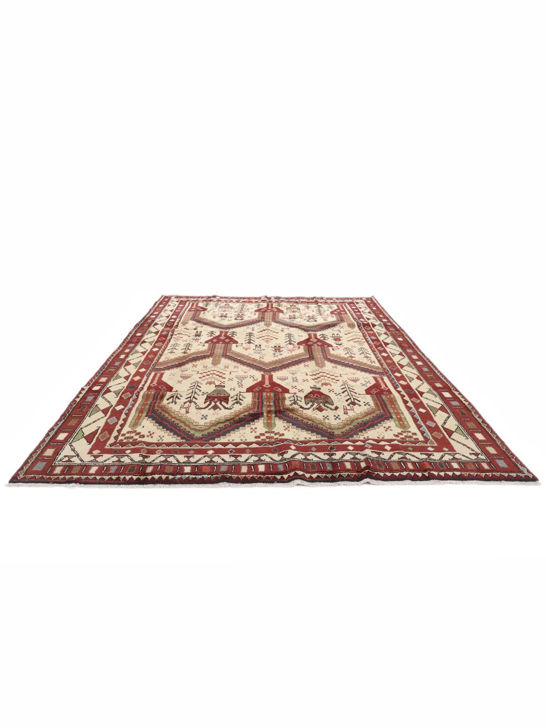 Hand-knotted Afshar rug from the Middle East in red and cream featuring pictorial motifs