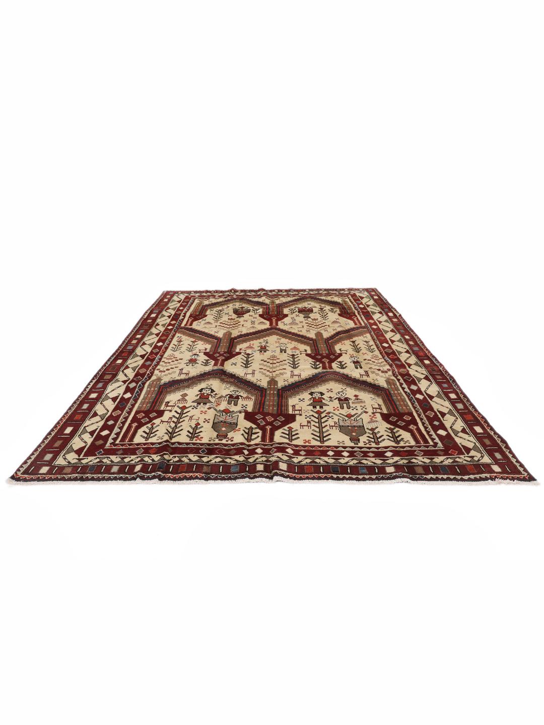 Hand-knotted Afshar rug from the Middle East in red and cream featuring pictorial motifs