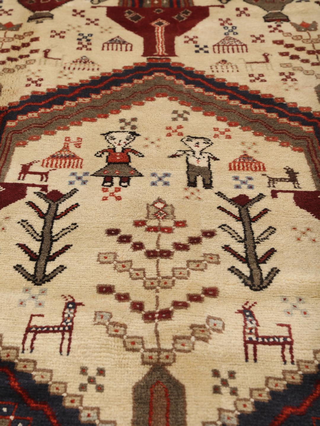 Hand-knotted Afshar rug from the Middle East in red and cream featuring pictorial motifs