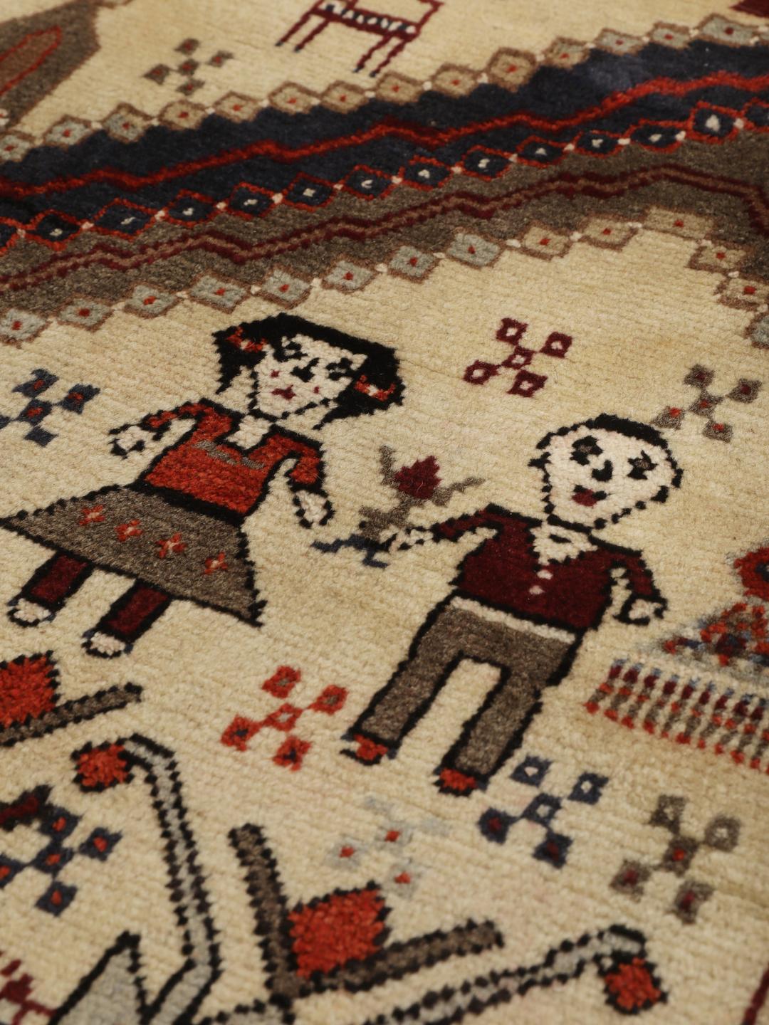 Hand-knotted Afshar rug from the Middle East in red and cream featuring pictorial motifs