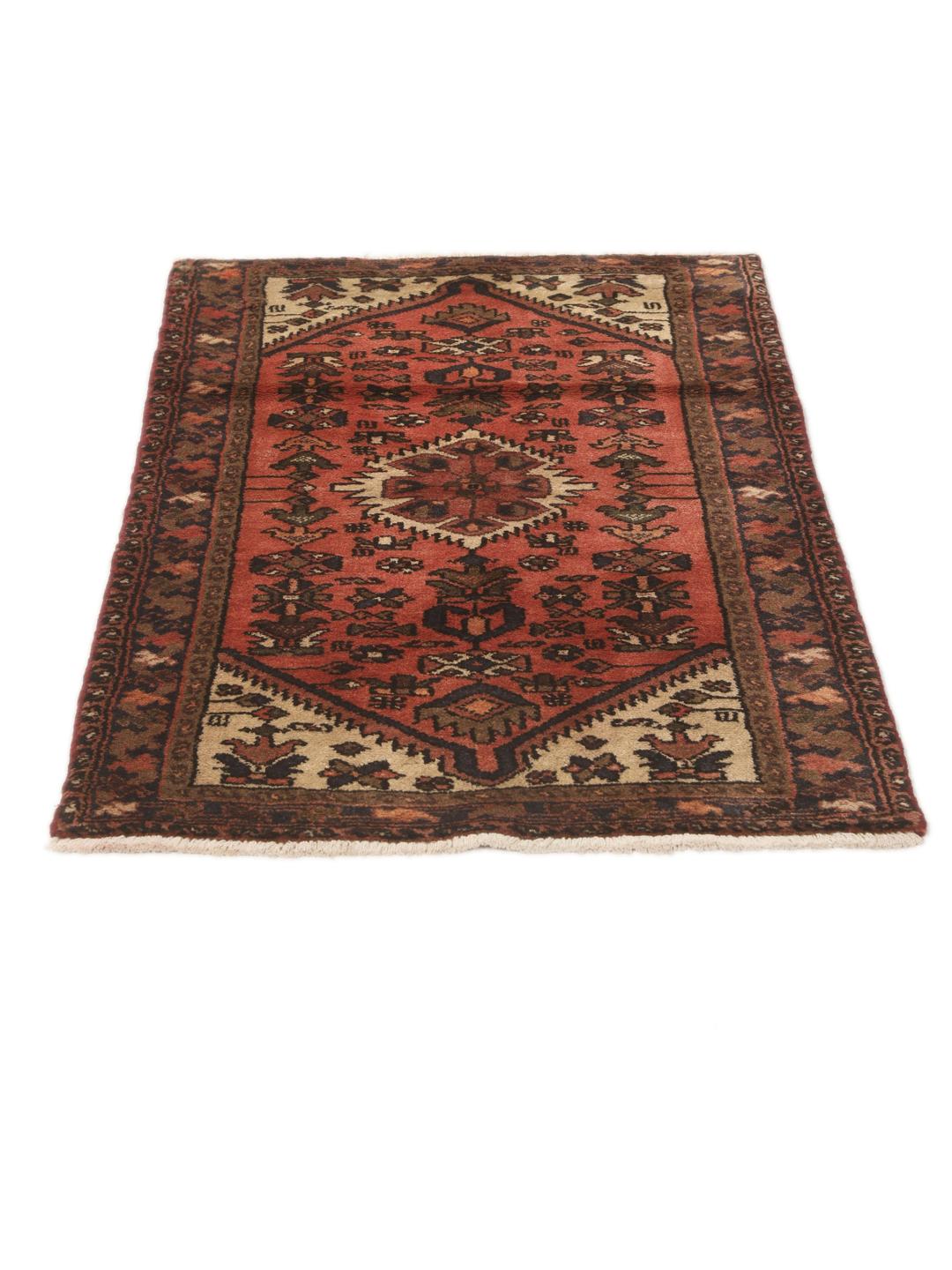 Hand-knotted Hamadan rug from the Middle East in dark-red and beige