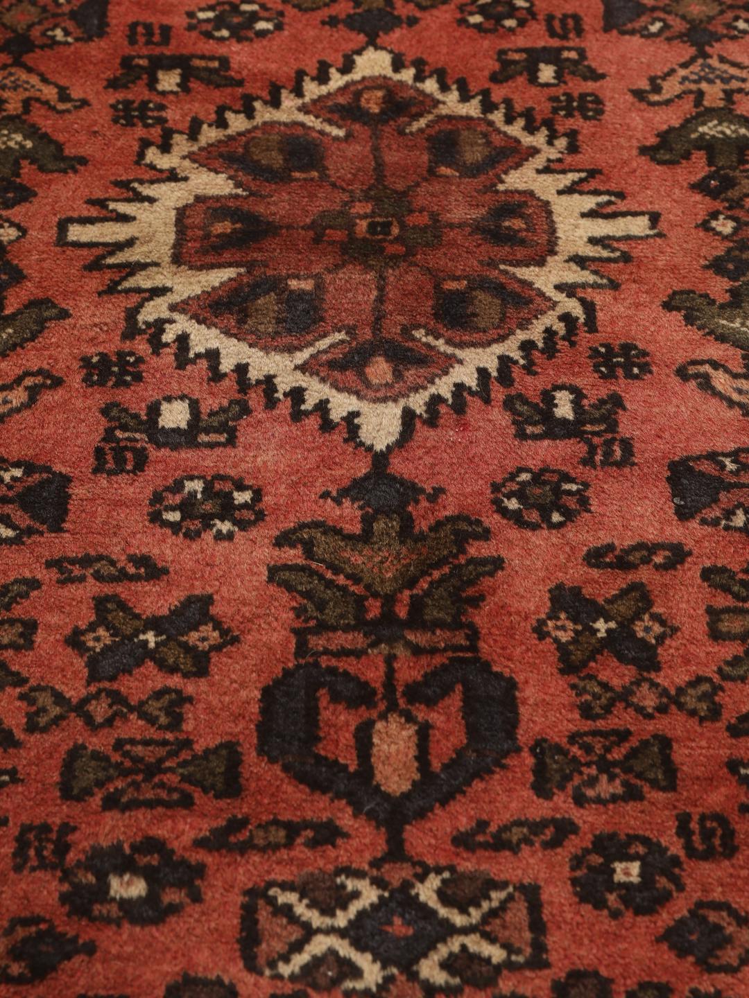 Hand-knotted Hamadan rug from the Middle East in dark-red and beige