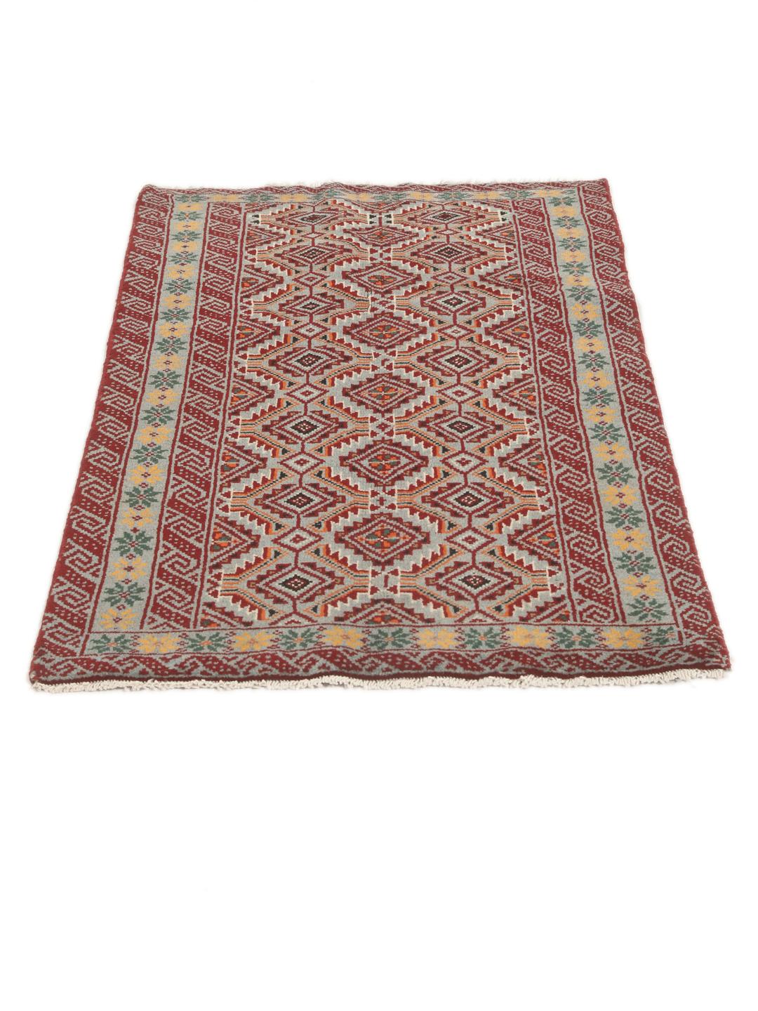 Hand-knotted Baluch rug with geometric patterns in red and grey from the Middle East