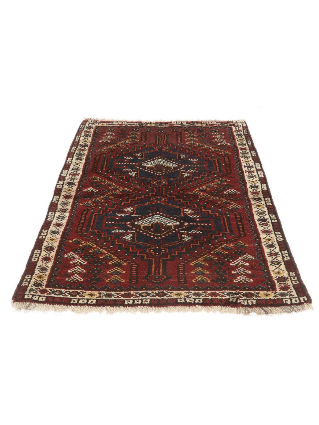 Hand-knotted Shiraz rug from the Middle East in deep red and blue tones