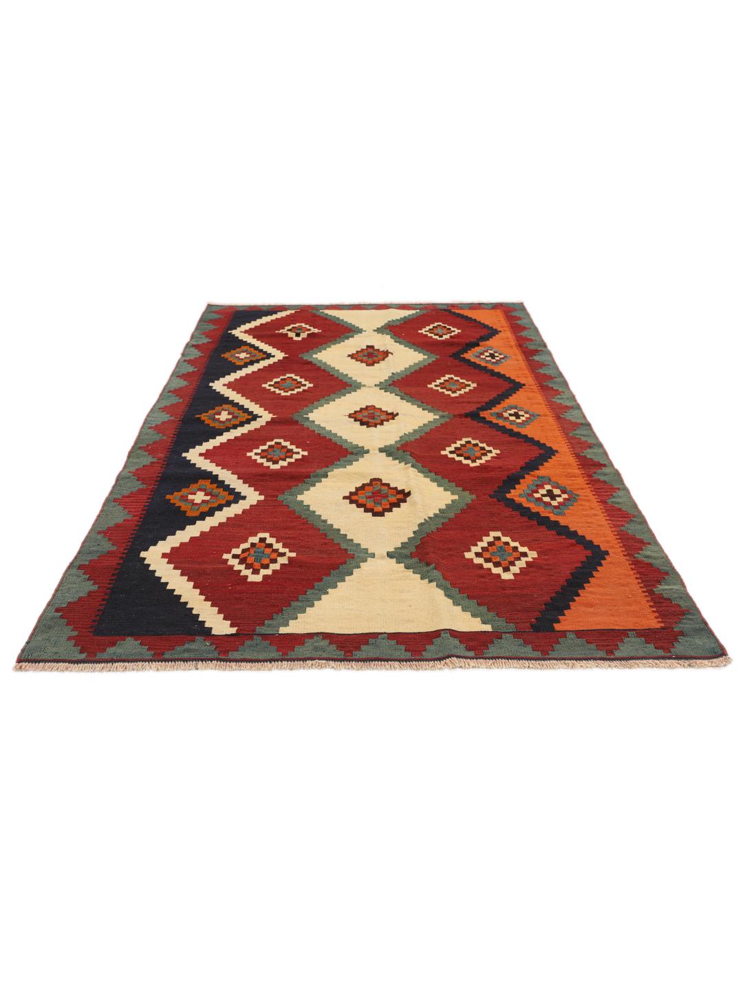 Vintage handgeweven kelimtapijt uit het Midden-Oosten met een levendig veelkleurig geometrisch patroon
