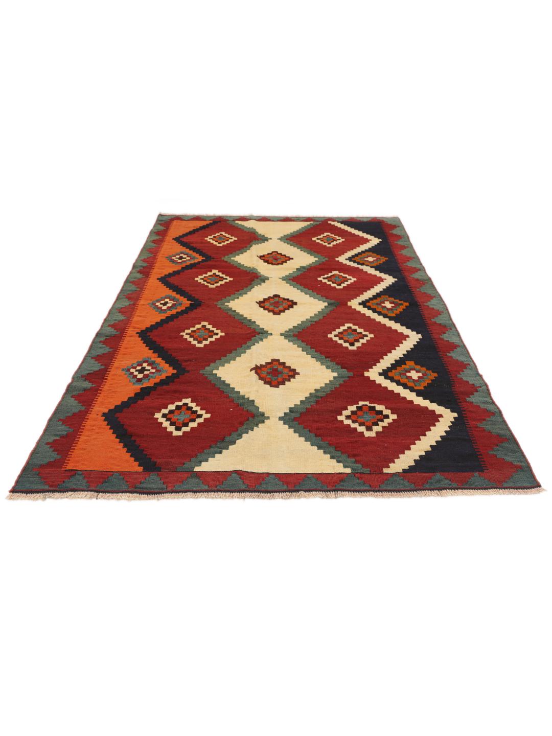 Vintage handgeweven kelimtapijt uit het Midden-Oosten met een levendig veelkleurig geometrisch patroon