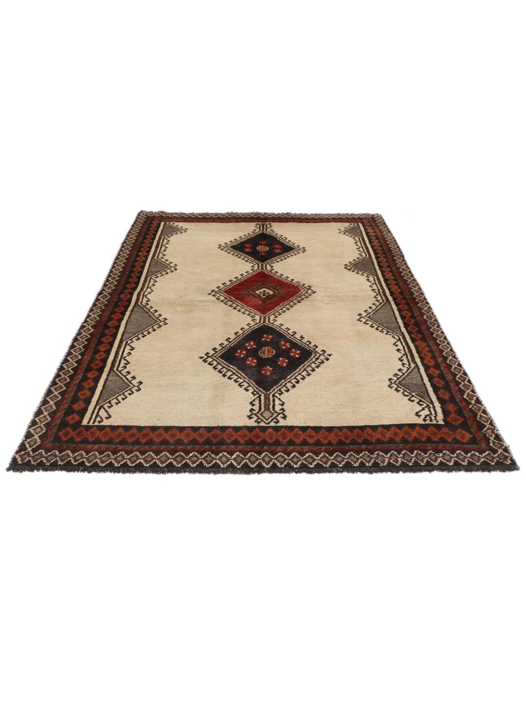 Hand-knotted beige Shiraz rug with geometric medallions from the Middle East