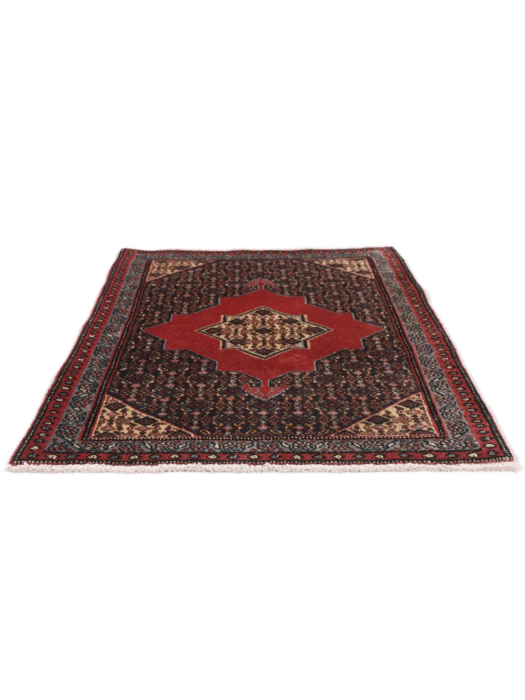 Ein handgeknüpfter Senneh-Teppich aus dem Nahen Osten mit einem roten und blauen geometrischen Design.