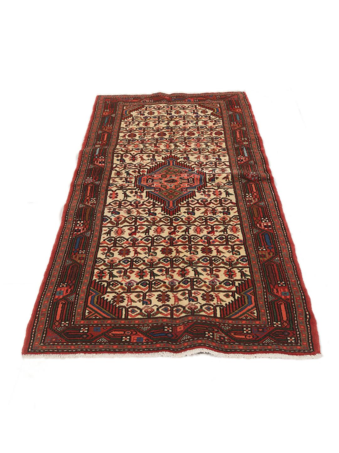 Handgeknoopte loper uit het Midden-Oosten met een rood en beige geometrisch patroon