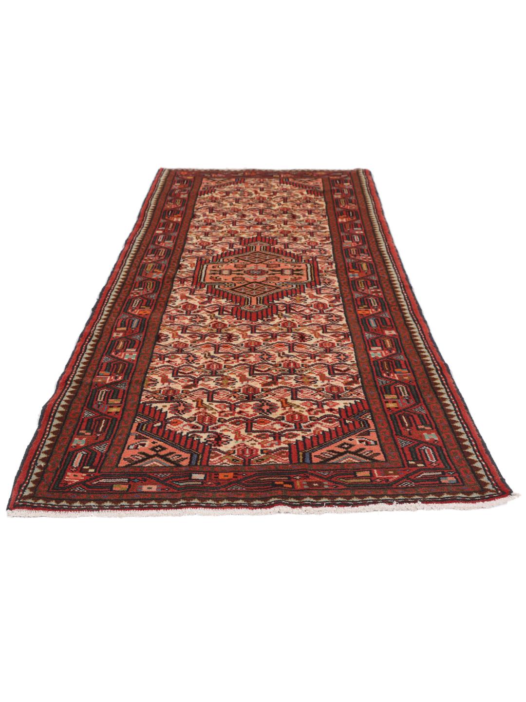 Handgeknoopte Asadabad loper met traditionele geometrische motieven in rood en crème