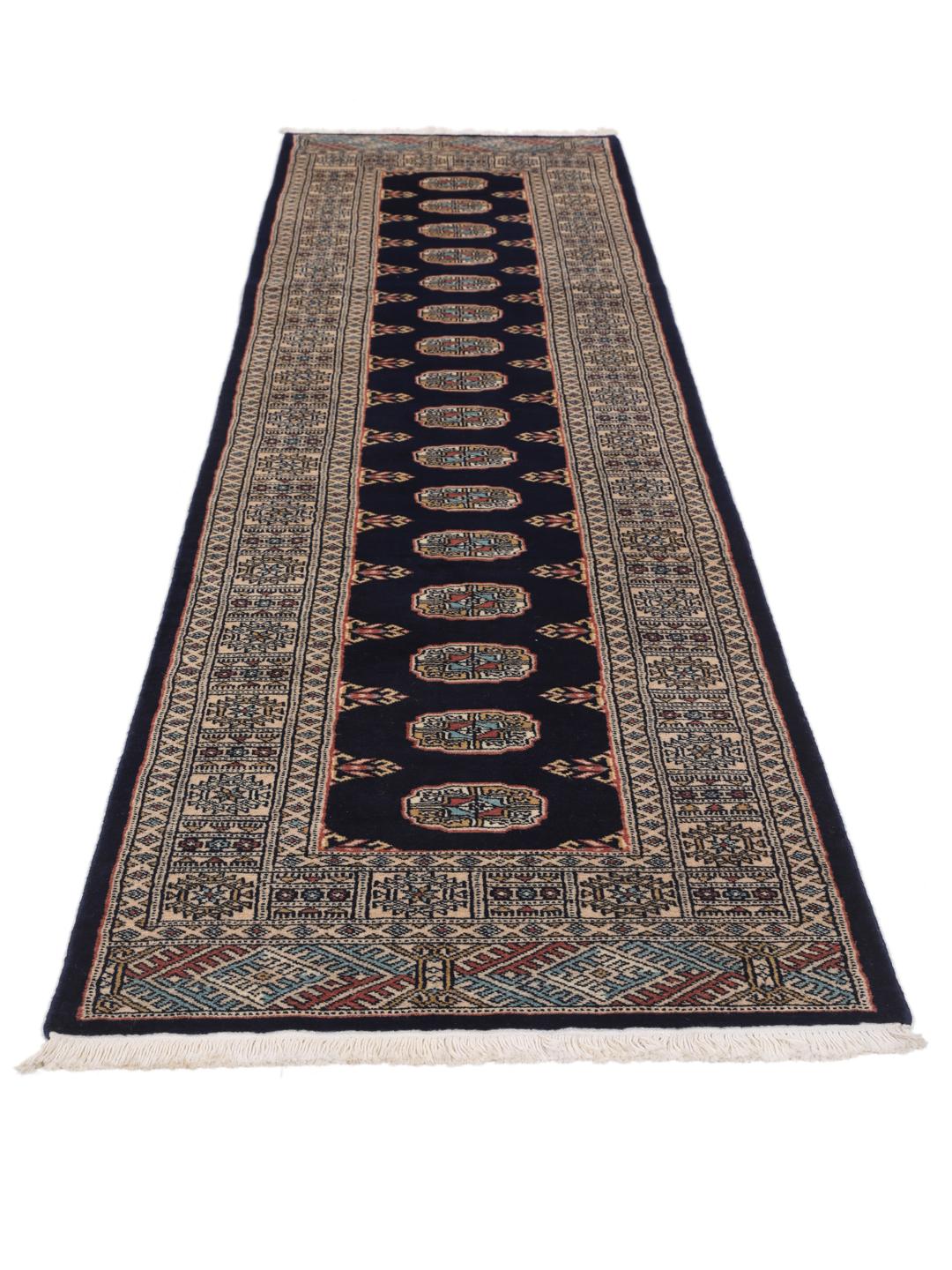 Hand-knotted Pakistan Bokhara runner in dark-blue with geometric motifs
