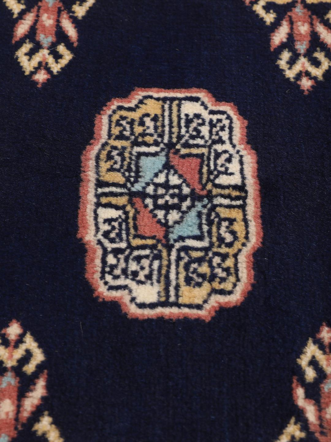 Hand-knotted Pakistan Bokhara runner in dark-blue with geometric motifs