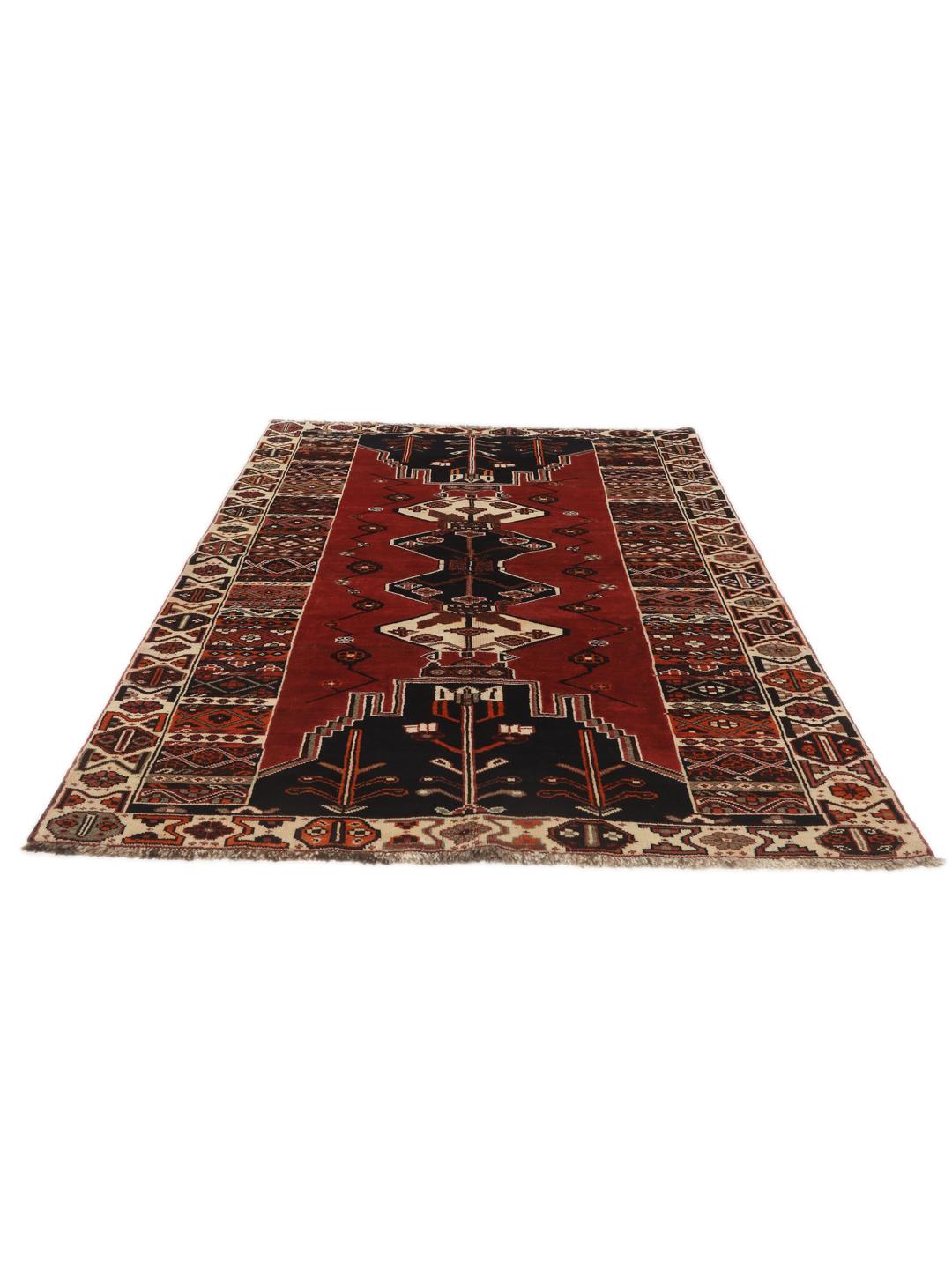 Hand-knotted Shiraz rug from the Middle East featuring a red and black geometric design