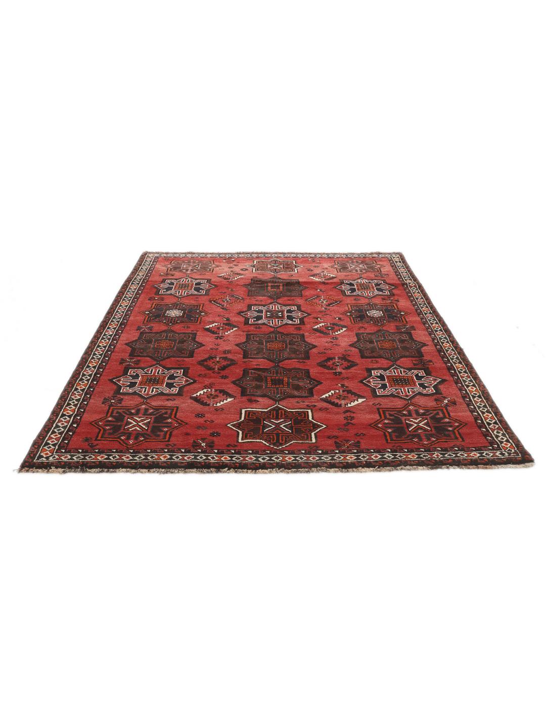 Handgeknoopt rood Shiraz-tapijt met geometrische tribale motieven