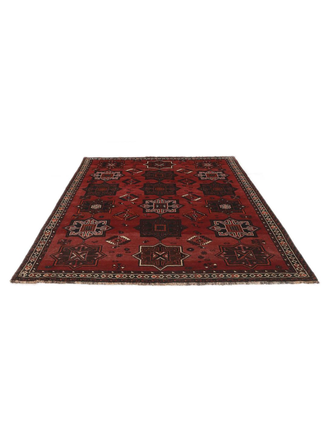 Handgeknoopt rood Shiraz-tapijt met geometrische tribale motieven