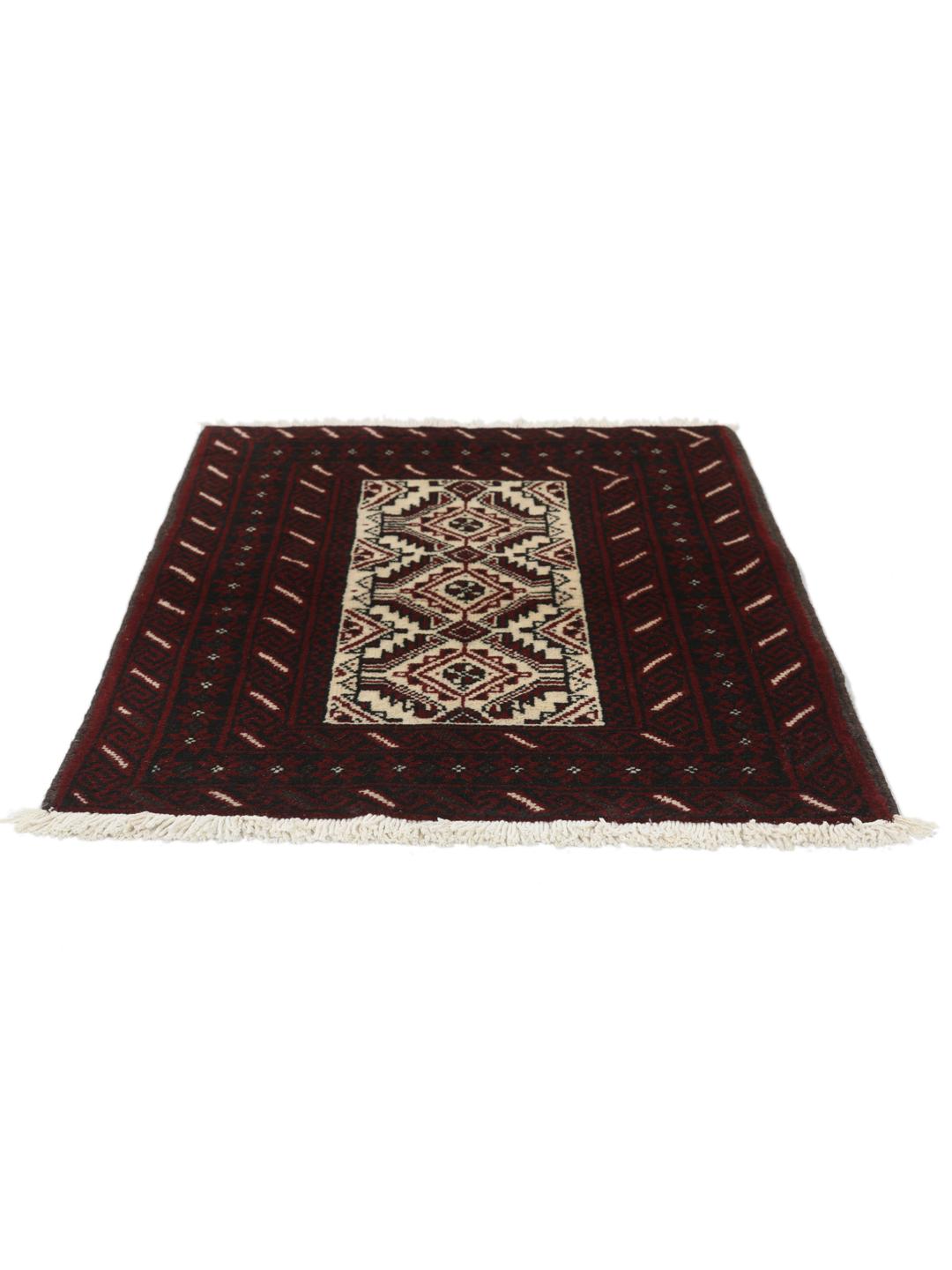 Ein handgeknüpfter Beluch-Teppich aus dem Mittleren Osten mit einem dunkelroten und beigen geometrischen Design.