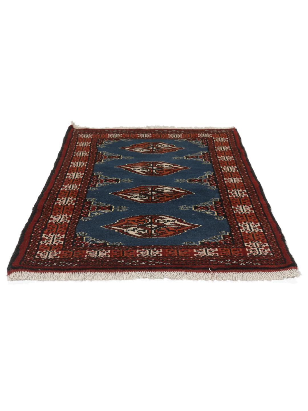 Hand knotted blue Turkaman rug from the Middle East