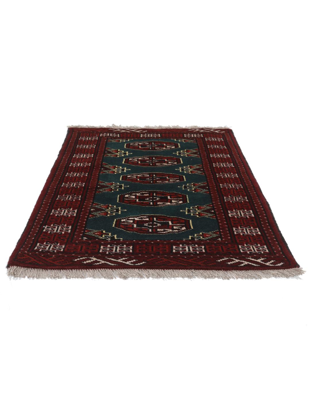 Hand-knotted Turkaman rug from the Middle East in dark-red and dark-teal