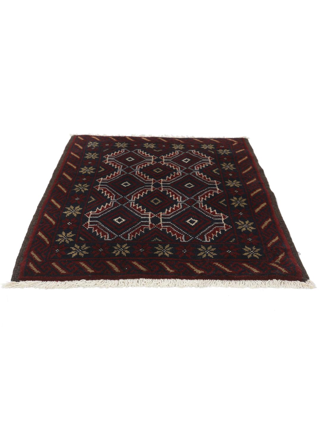 Et håndknyttet Baluch-tæppe fra Mellemøsten med et mørkerødt og blåt geometrisk design.