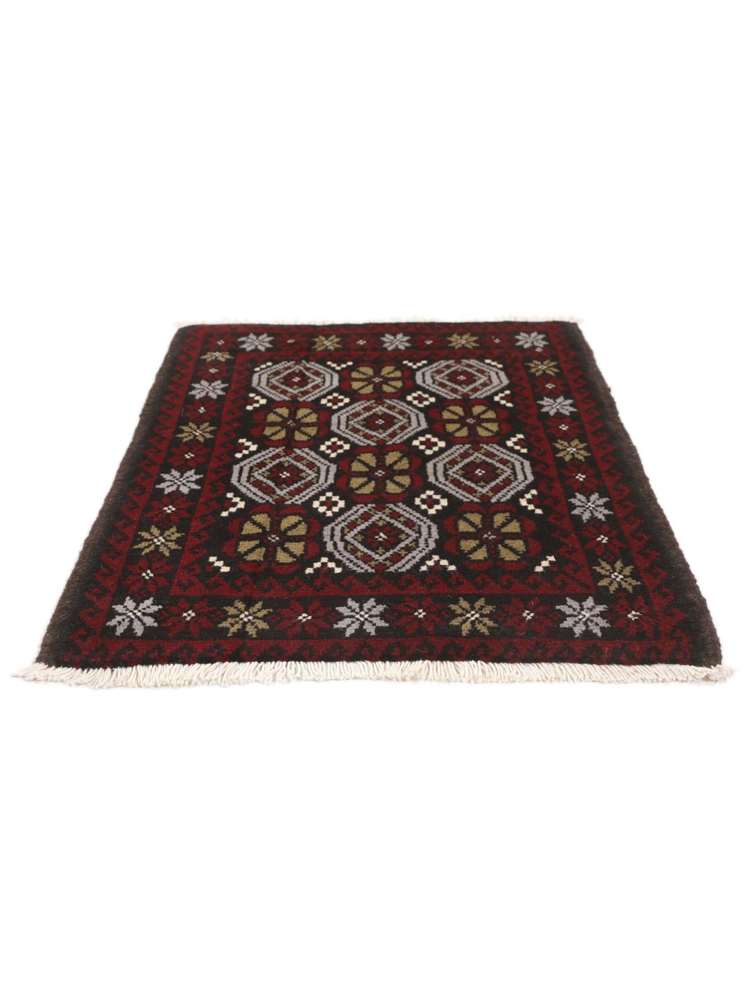 Hand-knotted Baluch rug with geometric patterns in dark-red and dark-grey