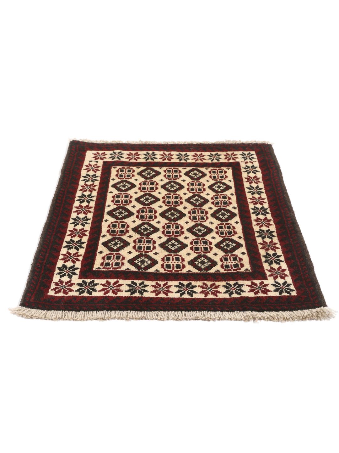 A hand-knotted Baluch rug from the Middle East featuring a red and beige geometric pattern.