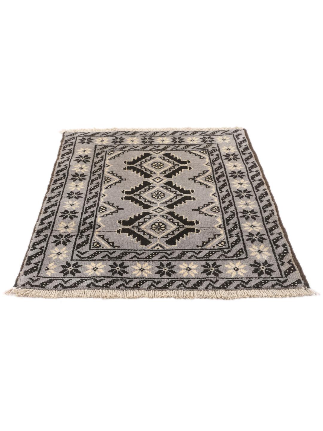 Hand-knotted Middle Eastern Baluch rug in grey and black with geometric patterns
