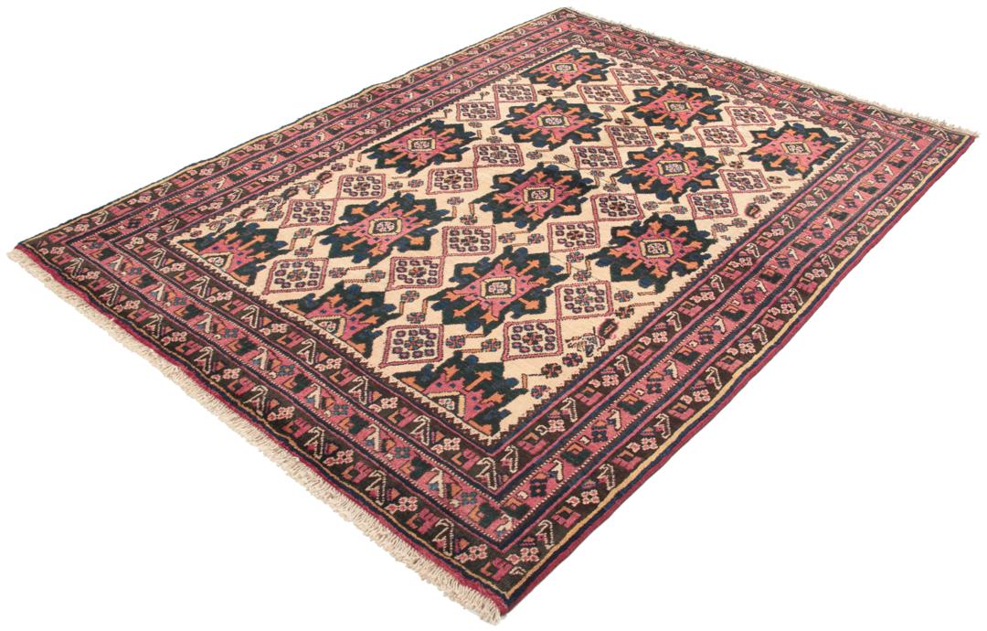 Håndknyttet Afshar tæppe fra Mellemøsten i beige, mørk pink og mørkeblå nuancer.