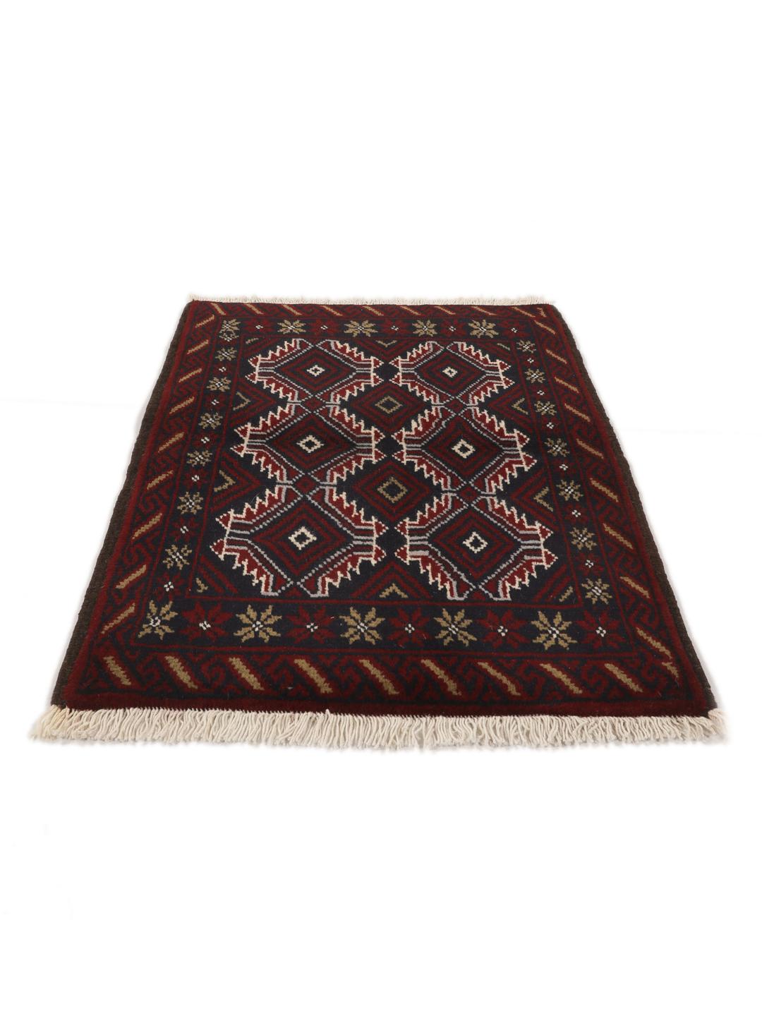 Hand-knotted Baluch rug with geometric patterns in dark red and dark blue tones