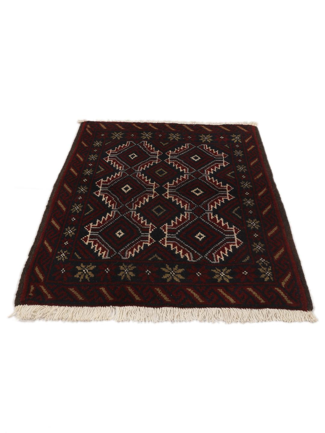 Hand-knotted Baluch rug with geometric patterns in dark red and dark blue tones