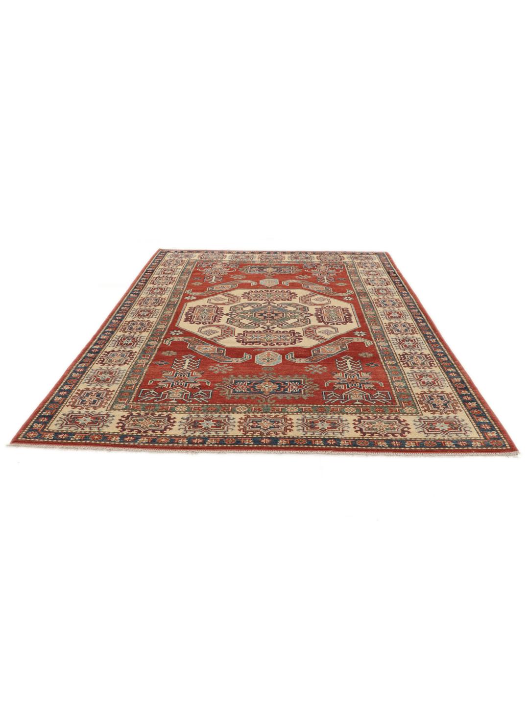 Covor Kazak înnodat manual din Afganistan cu un design geometric roșu și bej