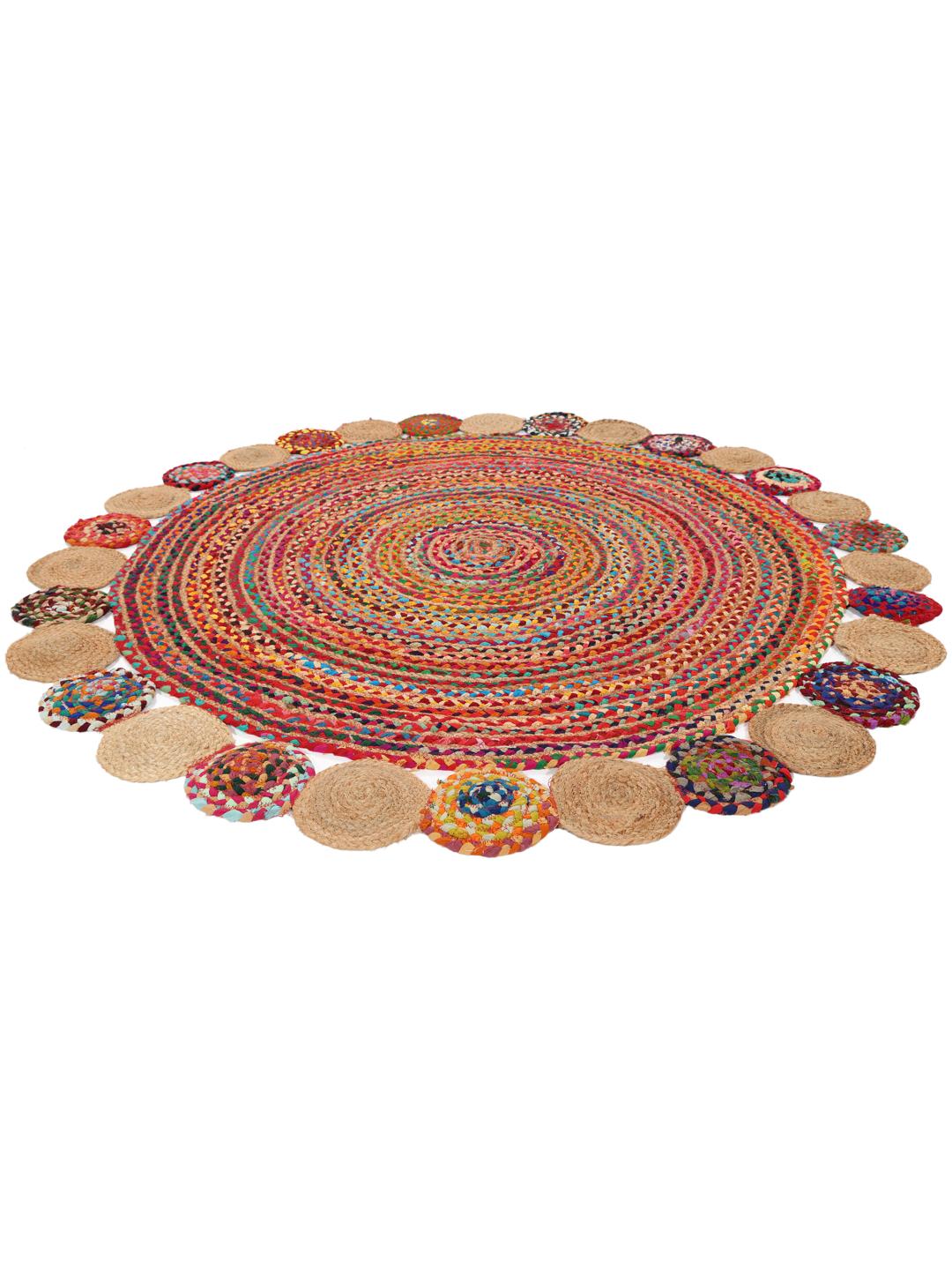 Rond multicolor tapijt met een gevlochten jute ontwerp