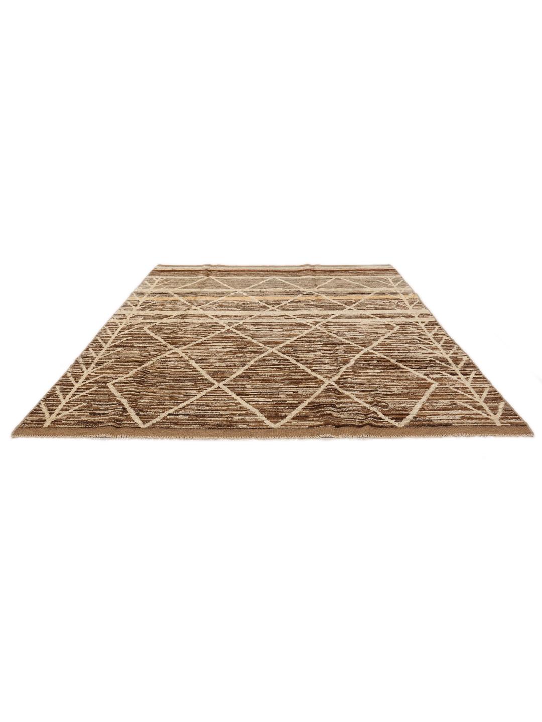 Hand-knotted rug from the Middle East with a geometric pattern in brown and beige tones.