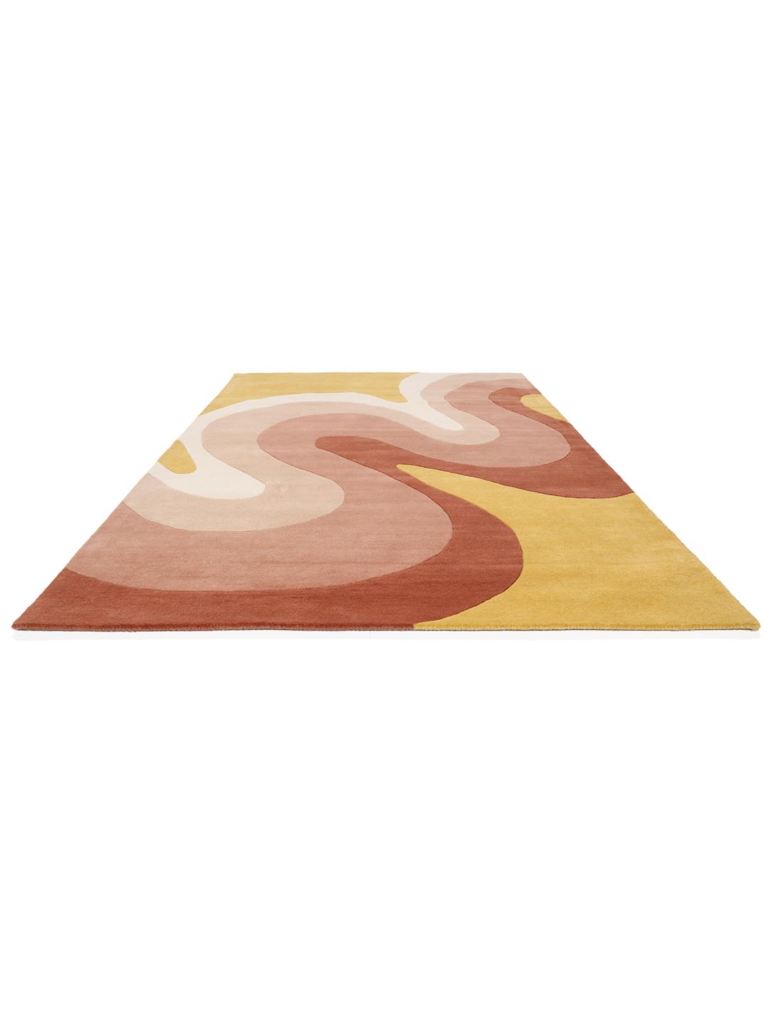 Handgetuft geel wollen tapijt met vloeiende terracotta en rode abstracte lijnen