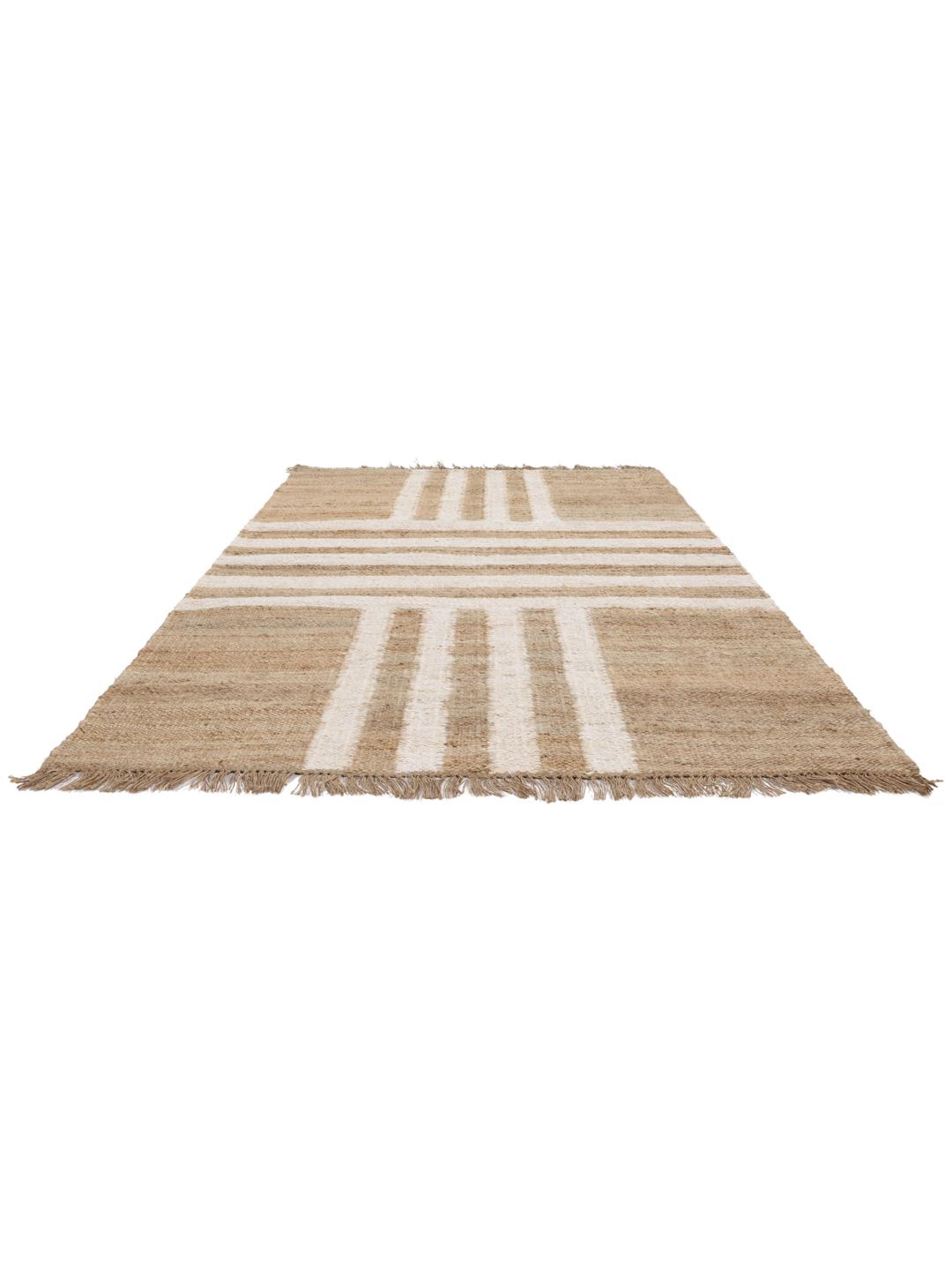 Beige en wit handgeweven jute vloerkleed met een gestreept patroon