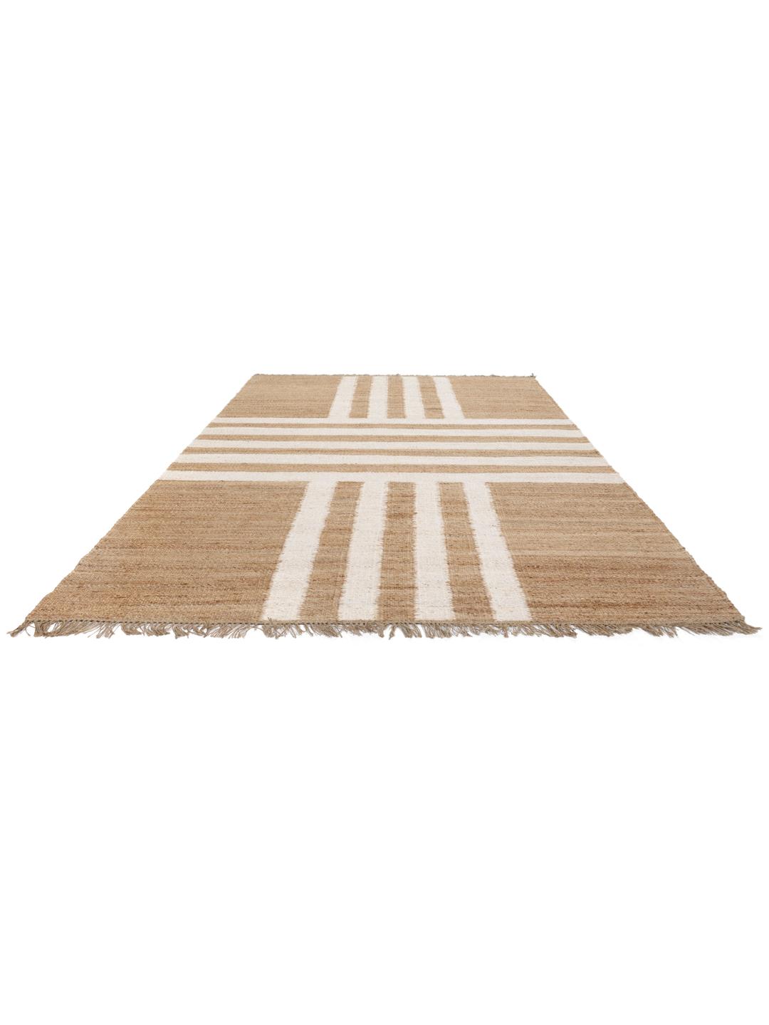 Beige en wit handgeweven jute vloerkleed met een gestreept patroon