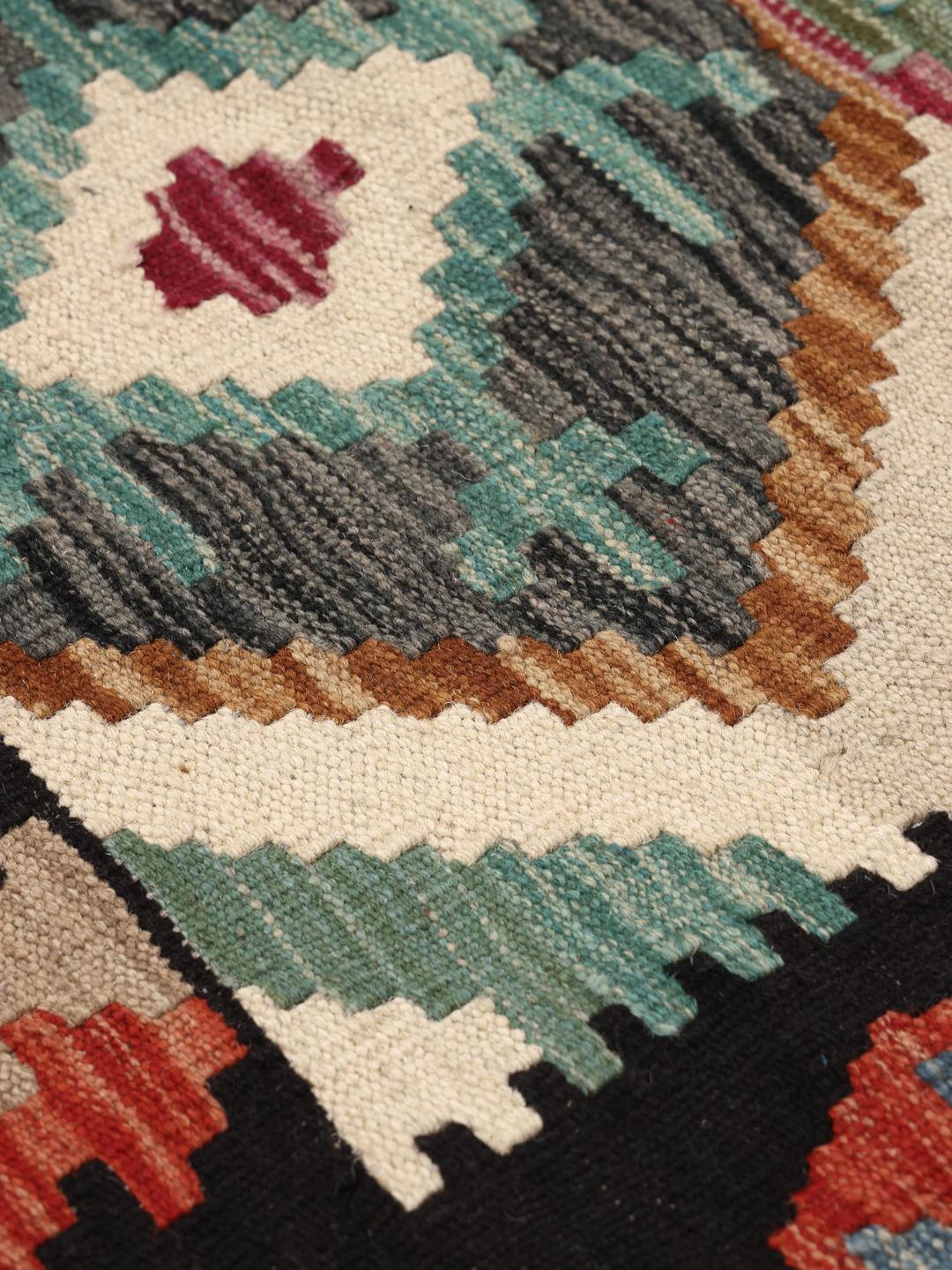 Groot handgeweven Afghan Kelim tapijt met een kleurrijk geometrisch ruitpatroon