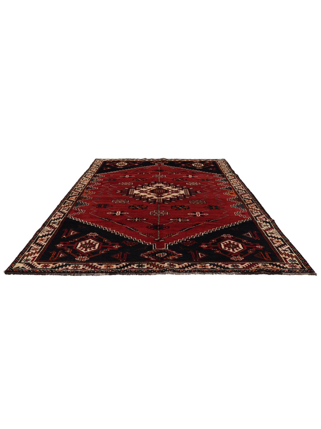 Hand-knotted Shiraz rug with geometric patterns in red and black