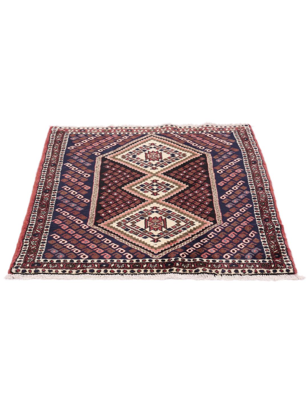 Hand-knotted Afshar Shahre Babak rug from the Middle East in deep red and dark blue.