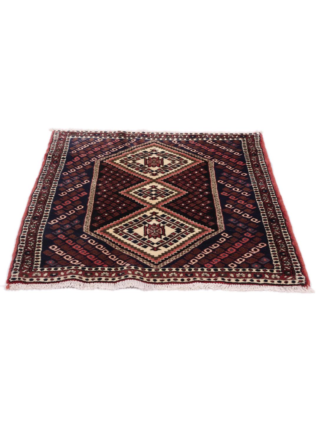 Hand-knotted Afshar Shahre Babak rug from the Middle East in deep red and dark blue.