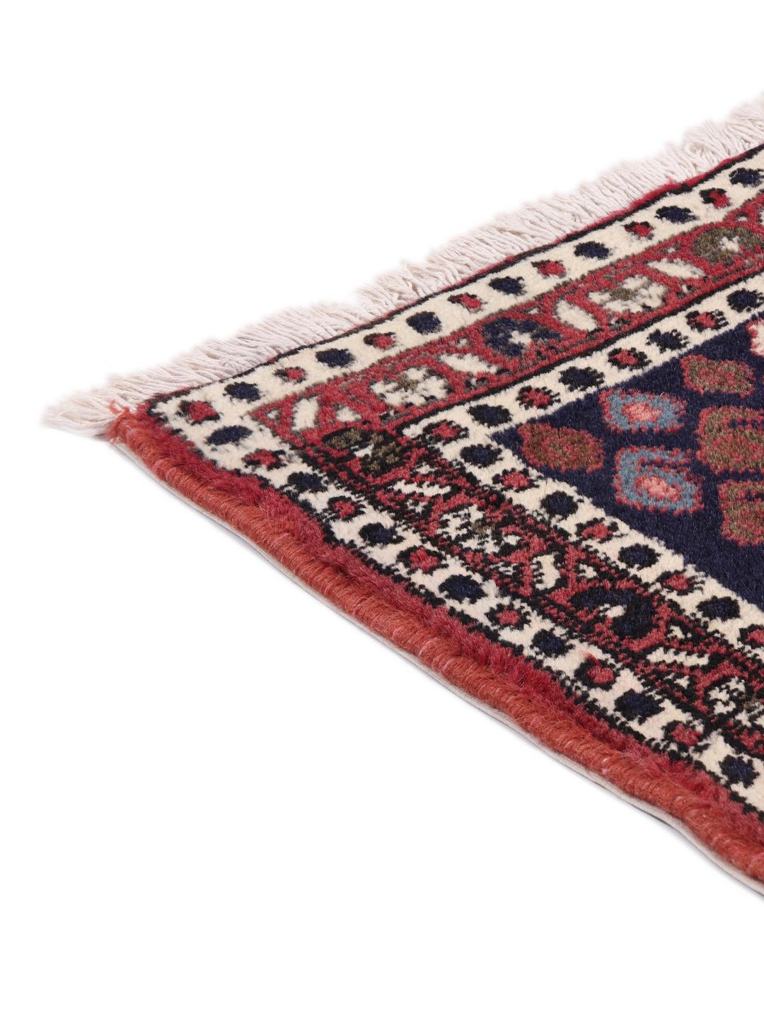 Hand-knotted Afshar Shahre Babak rug from the Middle East in deep red and dark blue.
